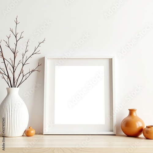 Frame mockup  white frame with vases and floral arrangement against a white wall in a bright room setting indoors