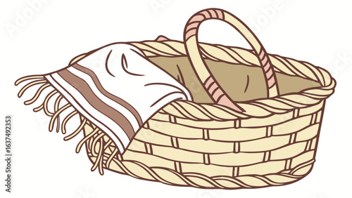 Wicker basket with blanket vector illustration for picnic camping and storage hand drawn style design element