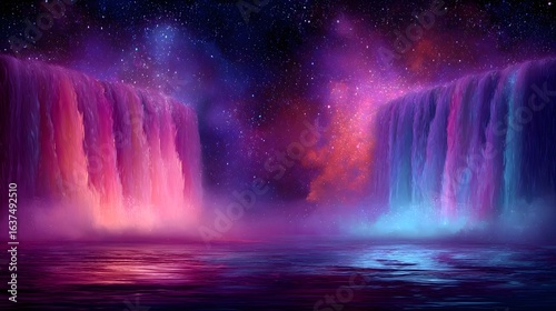Colorful waterfalls cascading into a placid body of water under a starry night sky.