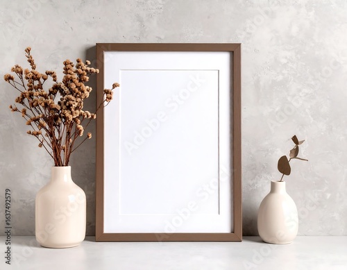 Empty frame with dried flowers in vases