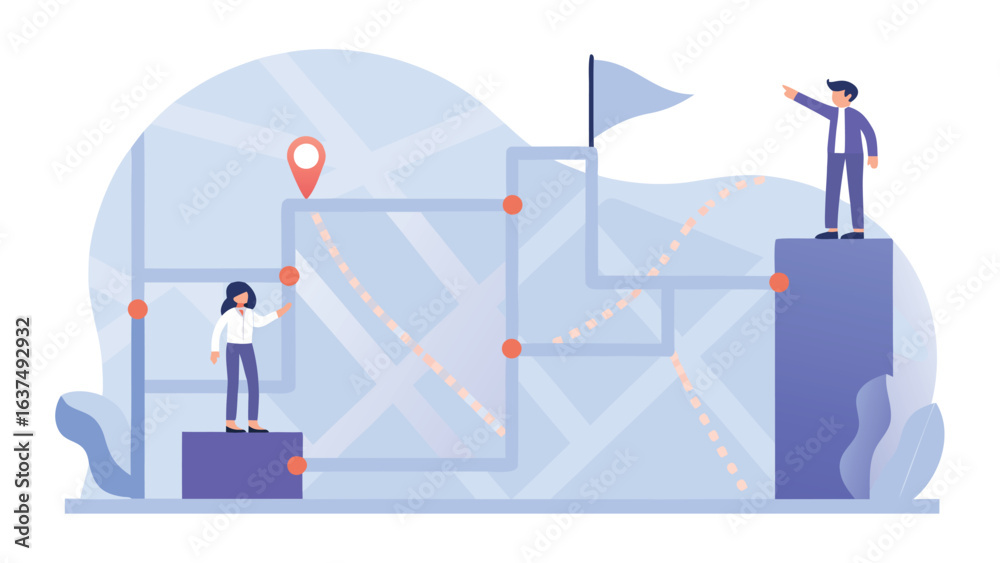 Fototapeta premium Illustration of two people on a map with a flag and a pin showing a path to a destination point