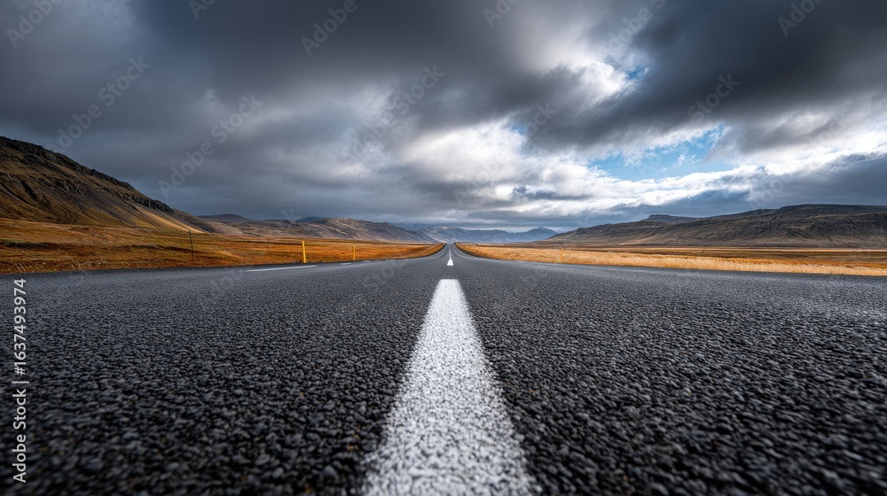 Fototapeta premium A long, empty road with a white line down the middle
