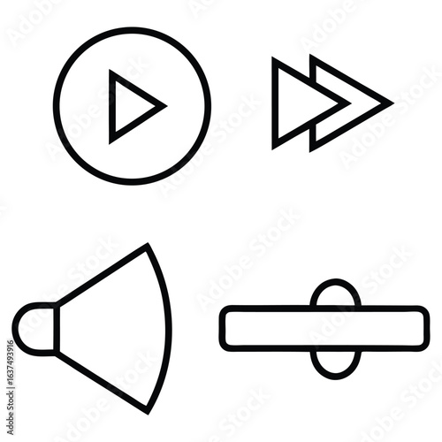 Collection of four simple black and white media player icons on a white background