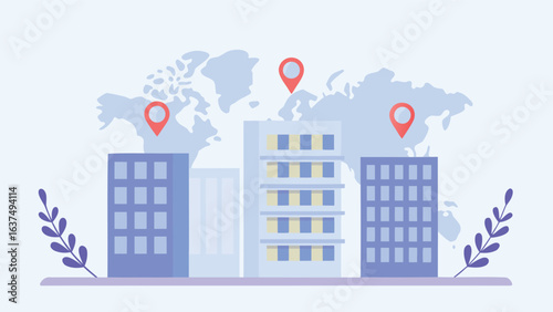 Buildings with world map backdrop and location pins indicating global business presence and expansion scope