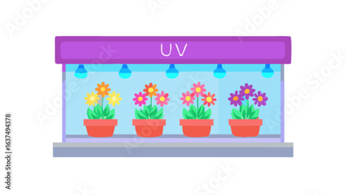 Indoor flower garden with uv grow lights for home gardening and plant care in a controlled environment setup