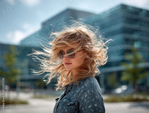 Woman with windswept hair in city