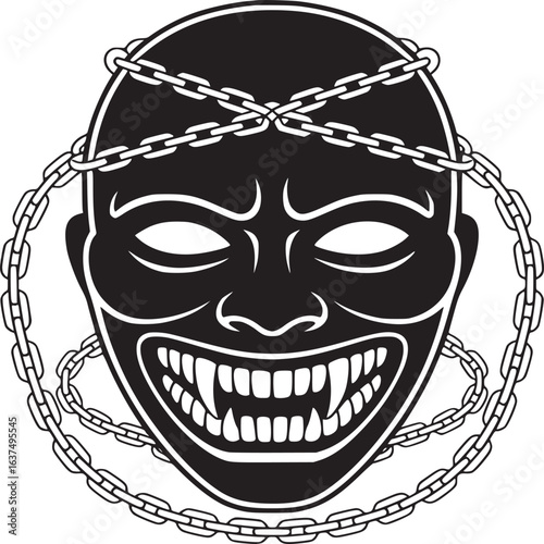 Stylized black face with large teeth and chains wrapped around the head in a black and white image