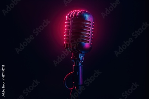 Vintage retro microphone with neon pink and blue lighting on dark background, music and performance concept
