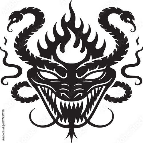 A black and white illustration of a dragon head with snakes and flames in the background design
