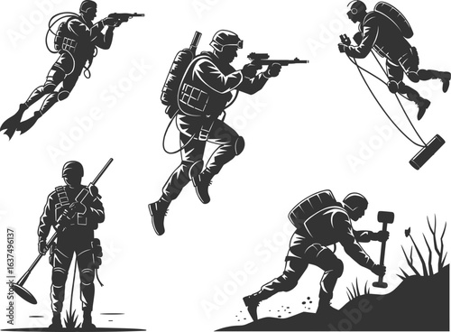 Collection of Black Silhouettes of Soldiers in Various Poses, Military Tanks, and Weapons, Depicting Combat and War Action Scenes for Military-Themed Graphics, Designs, and Illustrations