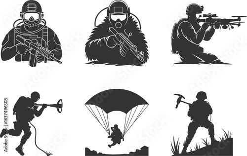 Collection of Black Silhouettes of Soldiers in Various Poses, Military Tanks, and Weapons, Depicting Combat and War Action Scenes for Military-Themed Graphics, Designs, and Illustrations