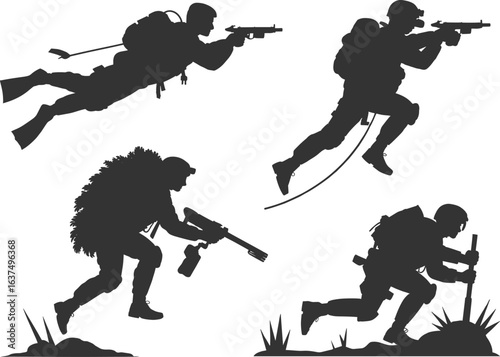 Collection of Black Silhouettes of Soldiers in Various Poses, Military Tanks, and Weapons, Depicting Combat and War Action Scenes for Military-Themed Graphics, Designs, and Illustrations