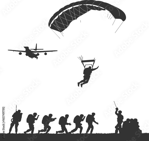 Collection of Black Silhouettes of Soldiers in Various Poses, Military Tanks, and Weapons, Depicting Combat and War Action Scenes for Military-Themed Graphics, Designs, and Illustrations