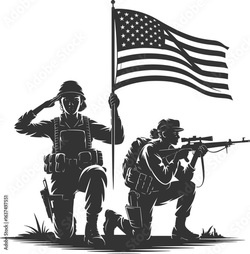 Collection of Black Silhouettes of Soldiers in Various Poses, Military Tanks, and Weapons, Depicting Combat and War Action Scenes for Military-Themed Graphics, Designs, and Illustrations