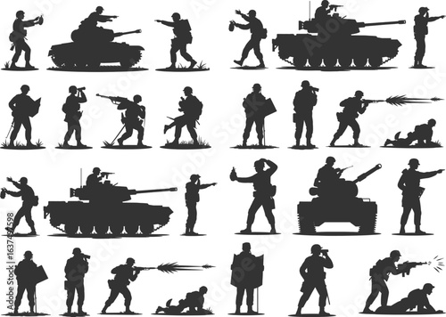 Collection of Black Silhouettes of Soldiers in Various Poses, Military Tanks, and Weapons, Depicting Combat and War Action Scenes for Military-Themed Graphics, Designs, and Illustrations