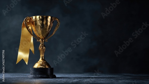 Golden trophy on dark textured surface