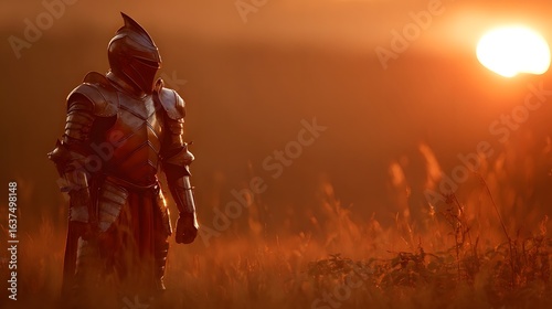 Knight in full plate armor at sunset.