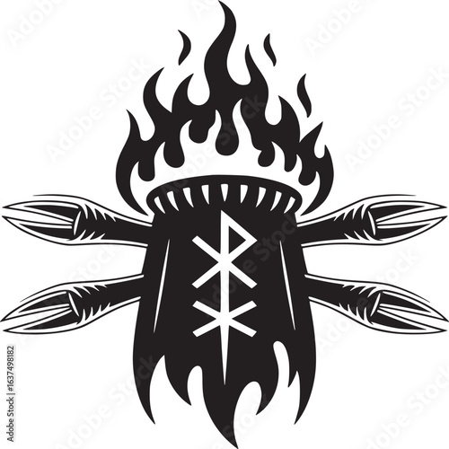 A black and white illustration of a totem with flames and rune symbols and appendages sticking out