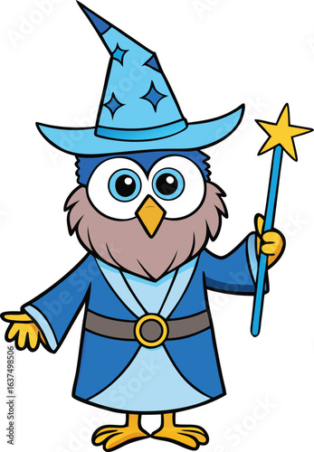 Cute cartoon owl wizard wearing a blue robe and hat holding a magic wand
