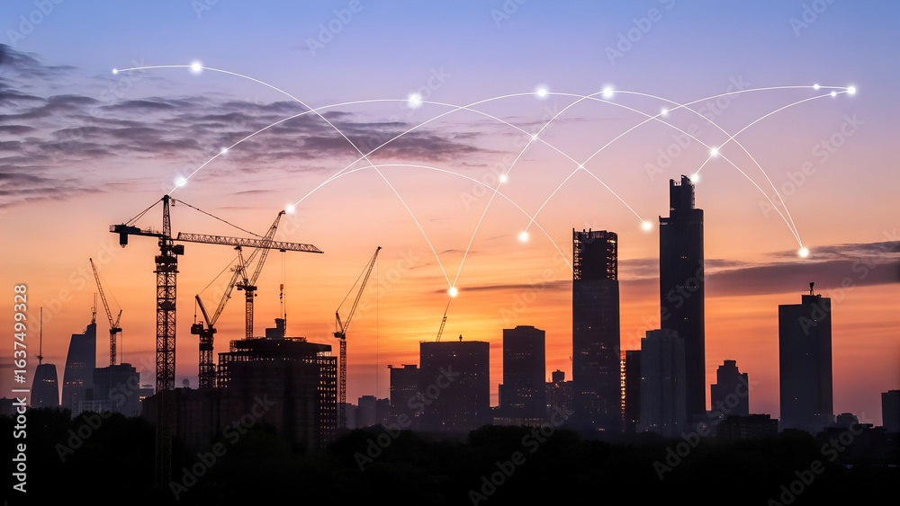 Fototapeta premium Cityscape with construction cranes and network connection at sunset