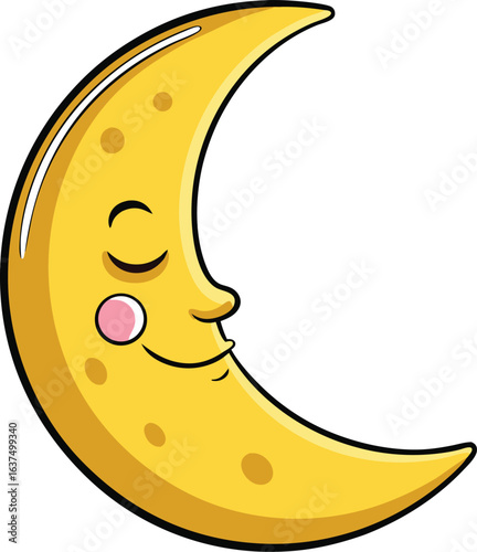 Cute cartoon crescent moon with a happy sleepy face and rosy cheeks
