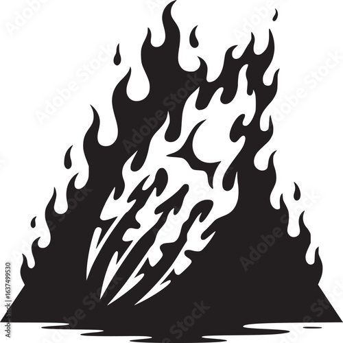 Black and white graphic of a triangular shape filled with flames and claw marks on a white background