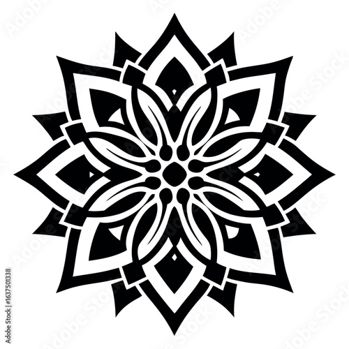 Abstract Black and White Flower Mandala Design with Geometric Shapes and Rounded Petals