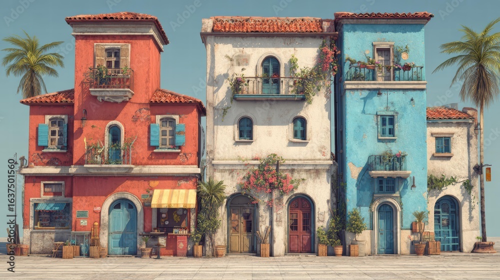 Fototapeta premium Colorful Mediterranean architecture with terracotta roofs, floral balconies, and palm trees for travel, design, or lifestyle backgrounds. Inspiring coastal scenery and urban projects.