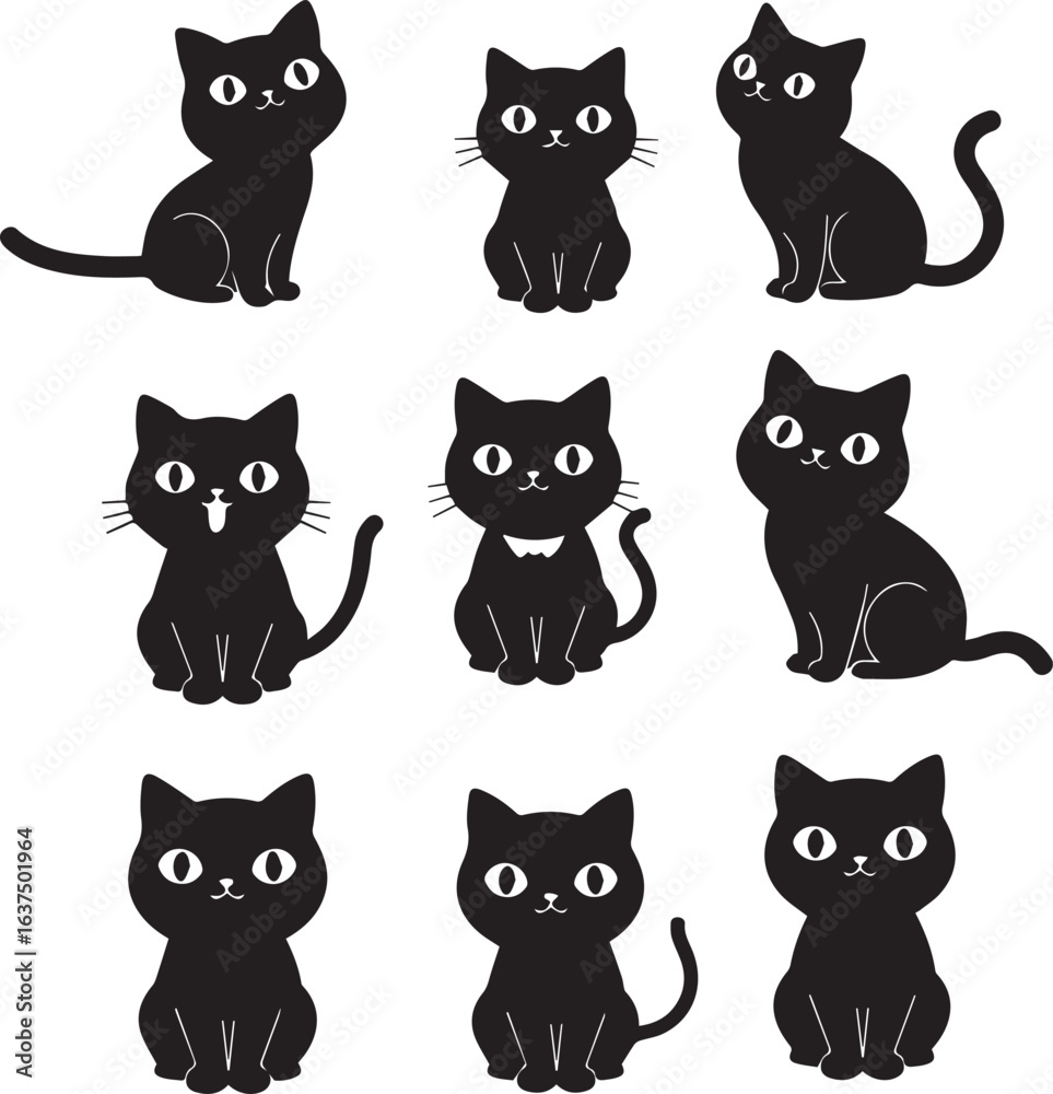 Fototapeta premium Nine black cat illustrations with different expressions and poses on a white background kitten animal