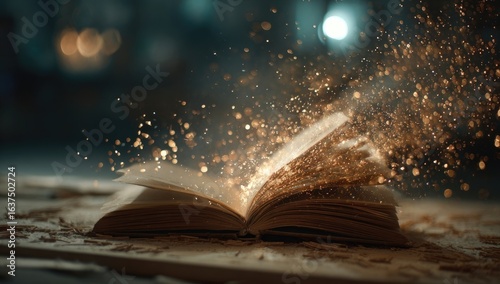 Open book with golden sparks, mystical glow