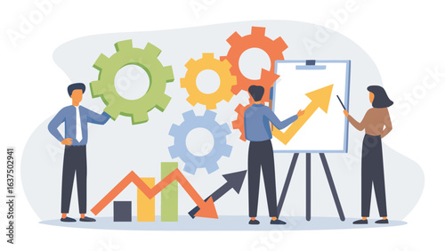 Business team presenting data on a whiteboard with gears and a graph showing growth and decline trend