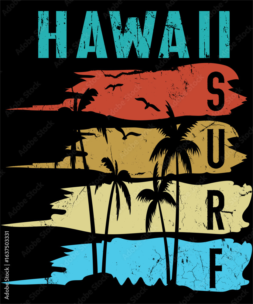 Fototapeta premium Surf Paradise Hawaii Aloha Summer Retro Palm Tree Tropical Beach SVG Illustration