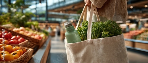 Woman carrying a reusable grocery bag with produce