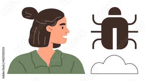 Young woman looking at a simplified bug icon over a cloud. Ideal for cybersecurity, data, cloud computing, error, analytics, innovation, and software debugging topics. A simple flat metaphor