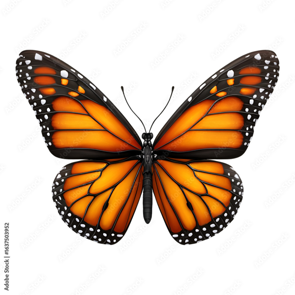 Fototapeta premium Majestic Monarch: A close-up, vibrant studio shot showcases the intricate details of a monarch butterfly, flaunting its striking orange and black wings.
