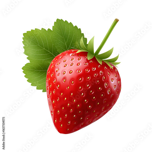 Sweet Temptation: A succulent strawberry, bursting with vibrant red hues, pristine green leaves and a delicate stem, captures the essence of nature's sweetness.