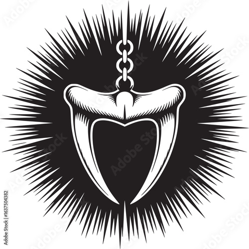 A black and white illustration of a tooth pendant hanging from a chain with a spiky background design