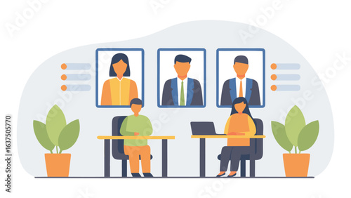 Illustration of people in a meeting room with portraits on the wall and potted plants, business setting