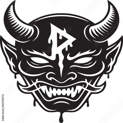 A black and white graphic illustration of a devil face with horns and a rune on its forehead
