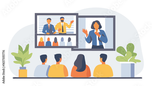 People attending a video conference with two presenters on screen in a virtual meeting setup at home office