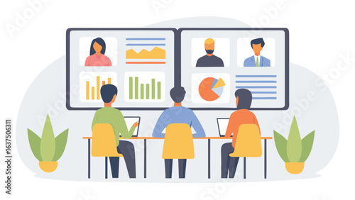 People attending a virtual meeting with charts and graphs on screens in a conference room setting shown here