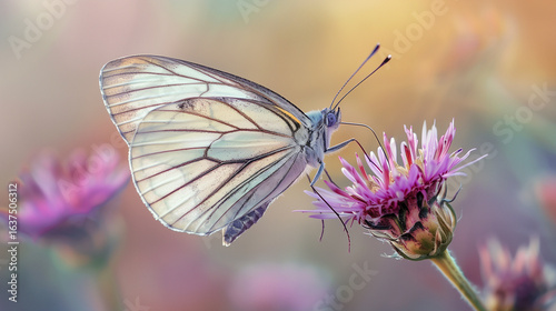 Aporia crataegi , the black-veined white butterfly , butterflies of Iran. The black-veined white butterfly or Aporia crataegi sitting on flower with pale background very sharp and high contrast abstra