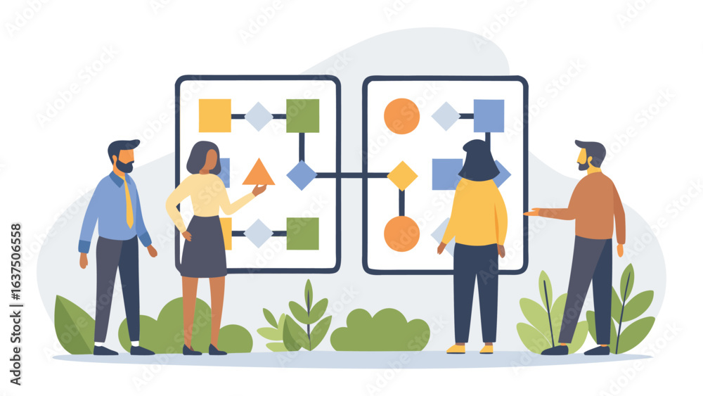 Obraz premium Team members reviewing process flowcharts with geometric shapes and connecting lines on white background
