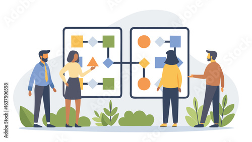 Team members reviewing process flowcharts with geometric shapes and connecting lines on white background