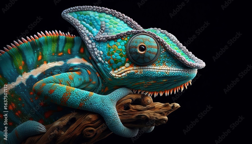 Obraz premium Black panther lizard, Black panther lizard on a branch, Black panther lizard on a branch with a black background