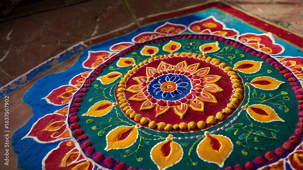 Fototapeta premium Close up view of a vibrant and colorful circular rangoli design on a textured surface outdoors