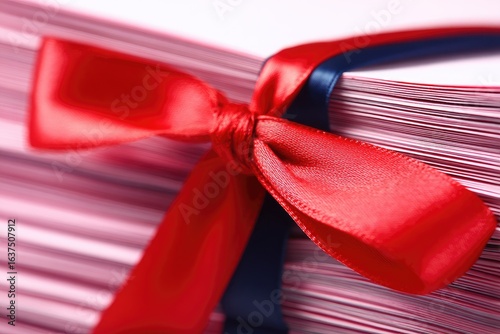 A stack of pink papers tied with a red ribbon and a dark blue ribbon