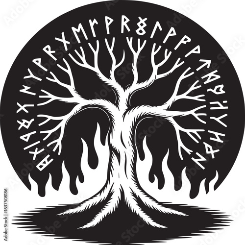 A black and white illustration of a tree surrounded by runes and flames in a circular design