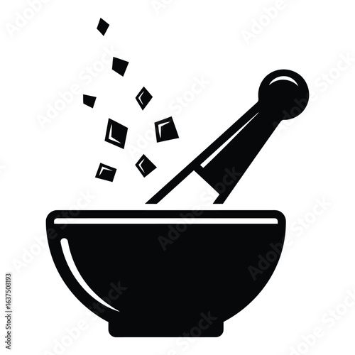 Art of mortar and pestle with falling ingredients isolated on white background, representing traditional medicine, herbal remedies, and culinary arts