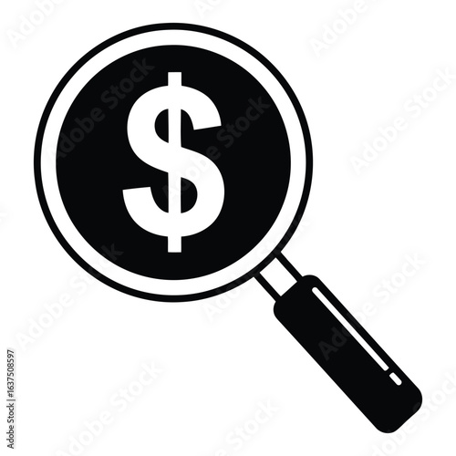 Art of money search isolated on white background with magnifying glass over dollar sign, symbolizing financial analysis, investment research, and economic opportunity